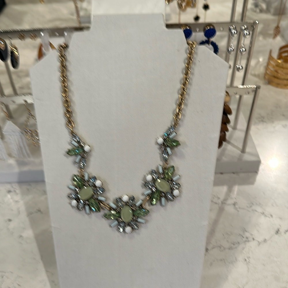 J Crew sage, white and crystal stone costume necklace